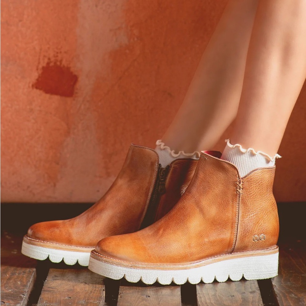 Bed Stu Tan Leather Ankle Booties with White Lug Sole